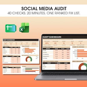 May include: A digital social media audit dashboard displayed on a laptop screen and a separate document, featuring tables and charts with data points like audit score, section scores, and priority fix lists, with green spreadsheet icons above.