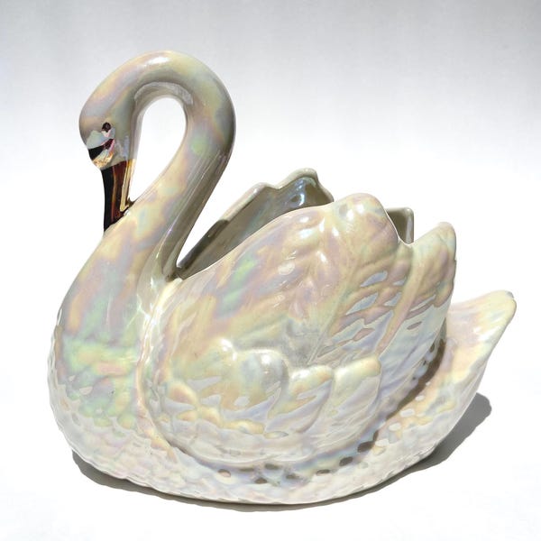 Iriserende keramische zwaanplanter | Mid Century Lusterware-cachepot, gouden snavel