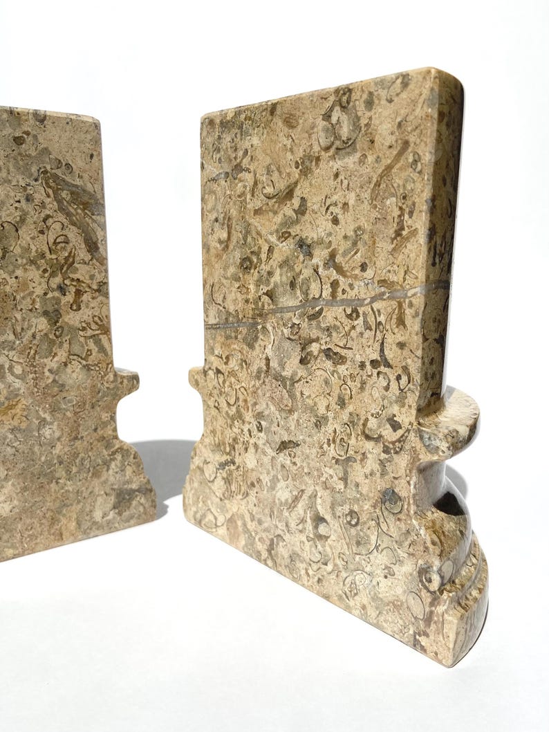 Puede incluir: Un par de sujetalibros hechos de piedra fosil&iacute;fera de color tostado y marr&oacute;n. Cada pieza presenta una secci&oacute;n vertical rectangular con una base curva y un patr&oacute;n natural distintivo de fragmentos f&oacute;siles incrustados en la superficie pulida.