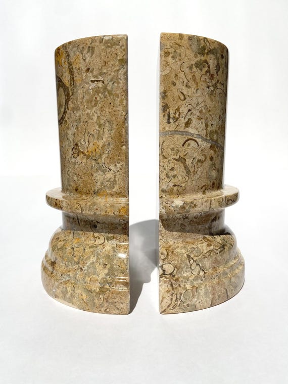 Vintage Fossil Stone Column Bookends – Architectural Pillars, Mid-Century Modern Decor