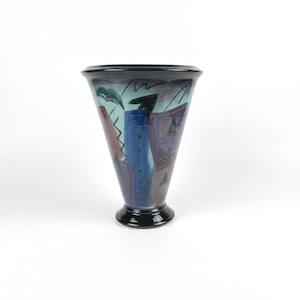 1980s Postmodern Ceramic Trumpet Vase 11" l Memphis Milano Style Abstract Art Pottery l Deep Plum Purple & Teal Geometric Decor