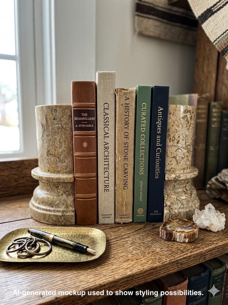 Puede incluir: Dos sujetalibros cil&iacute;ndricos de piedra beige con textura moteada flanquean una fila de cinco libros de tapa dura titulados The Silmarillion, Classical Architecture, A History of Stone Carving, Curated Collections y Antiques and Curiosities.