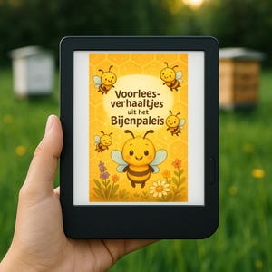 May include: A black e-reader displays a colorful illustration of bees and flowers. The image features a large, smiling bee in the center, surrounded by smaller bees and the text "Voorlees-verhaaltjes uit het Bijenpaleis."