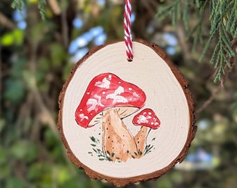 Hand Painted Mushroom Ornament – Rustic Wood Slice Christmas Decor