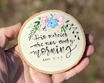 Hand-Painted Floral Wood Slice Coaster: Bible Verse Gift