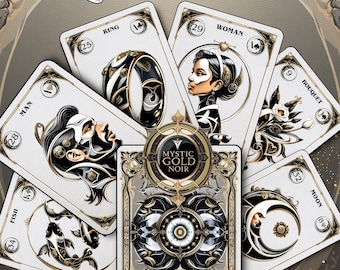May include: A deck of 42 Lenormand cards with a gold and black design. The cards feature illustrations of a ring, woman, man, fish, bouquet, and moon. The deck is labeled "Mystic Gold Noir".