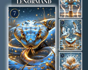 May include: A tarot card deck titled "STAR VEIL LENORMAND" featuring a blue snake with gold accents, and other cards with floral and bird illustrations. The deck contains 36 cards.