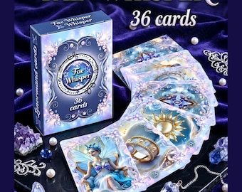 May include: A Fae Whisper deck of 36 cards in a blue box with ornate silver frames, pearls, and floral accents. The cards feature illustrations of a winged figure, a gold ring, and a sun. A clear crystal pendulum and purple crystals are present.