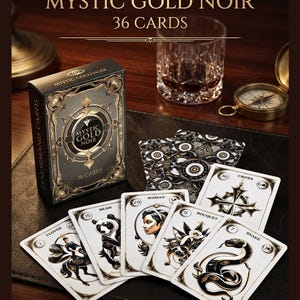 Könnte beinhalten: Ein Kartenspiel Mystic Gold Noir Lenormand mit 36 Karten, mit goldenen und schwarzen Designs. Die Karten sind ausgebreitet und zeigen Illustrationen von Bär, Frau, Schlange und anderen Symbolen. Die Schachtel ist sichtbar, zusammen mit einem Glas und einem Kompass.