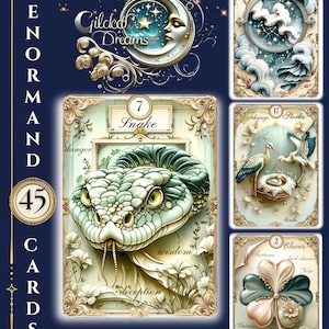 May include: A deck of 45 Lenormand cards with a dark blue background. The cards feature ornate illustrations, including a snake, a crescent moon with a face, and a four-leaf clover. The text "Gilded Dreams" and "MARDOC CRAFT 2025" are visible.