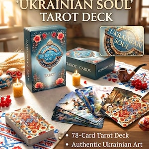 May include: A tarot deck box with the words "UKRAINIAN SOUL" and "TAROT DECK" in gold lettering. The box is teal with floral and ornate designs. A deck of tarot cards and a smaller box are also visible. The image includes text that says "78-Card Tarot Deck", "Authentic Ukrainian Art", and "Digital PDF Guidebook".
