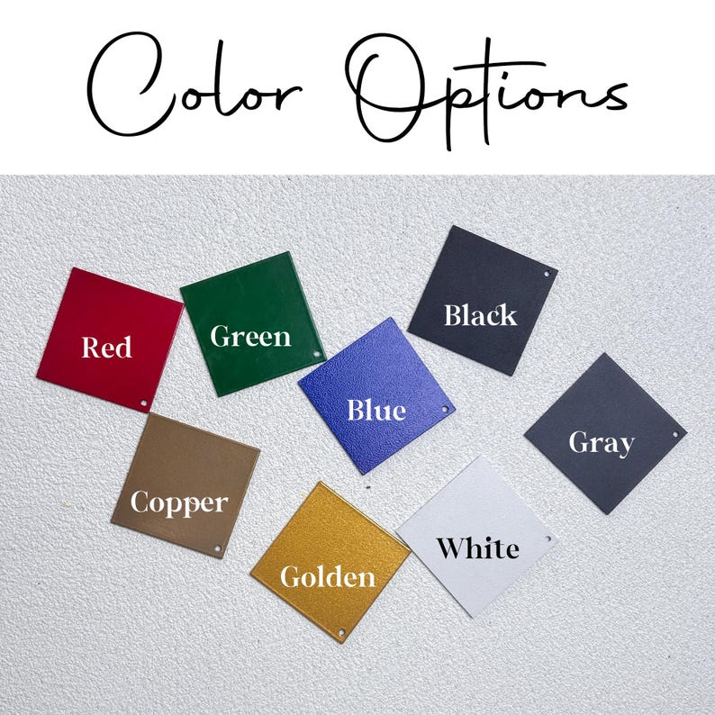 May include: Image showing color options: red, green, blue, black, gray, copper, golden, and white. Each color is displayed on a square, with the color name printed in white.