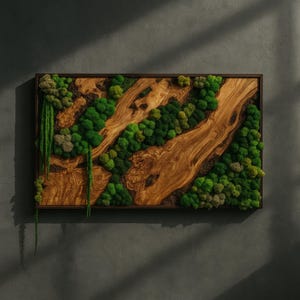 Preserved Green Moss Wall Art: Live Edge Olive Wood Frame, Biophilic Decor