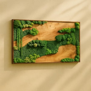 Handmade Preserved Moss Wall Art: Natural Wood Frame, Modern Home Decor