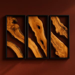 Handmade Olive Wood Wall Art Triptych: Rustic Framed Live Edge Decor