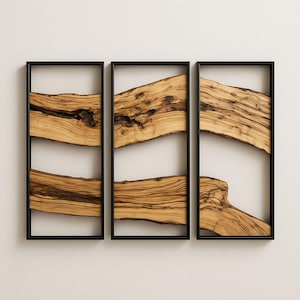Triple Panel Olive Wood Wall Art: Rustic Live Edge Wooden Decor