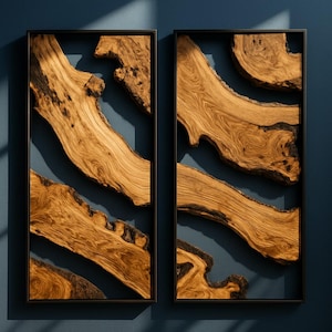 Juego de dos paneles de madera natural con diseño de bordes naturales, decoración rústica de madera hecha a mano para interiores modernos de estilo bohemio o rústico.