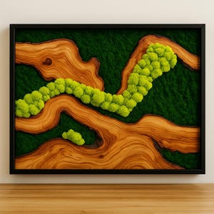 Framed Moss and Olive Wood Wall Art for Nature-Inspired Interiors, Modern Biophilic Wall Decor with Real Preserved Moss and Live Edge Design