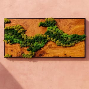 Handmade Preserved Moss Wall Art on Olive Wood: Natural Green Decor