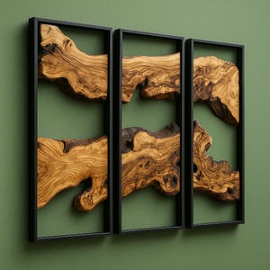 Olive Wood Wall Art Set of 3, Rustic Abstract Natural Wood Wall Decor, Handmade Modern Black Frame Artwork for Living Room or Office