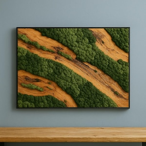 Preserved Moss Wall Art with Olive Wood: Modern Home Decor