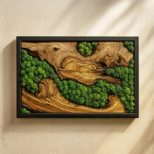 Olive Wood and Moss Wall Art, Horizontal Green Wall Panel, Handmade Live Edge Wooden and Preserved Moss Decor for Modern Living Room