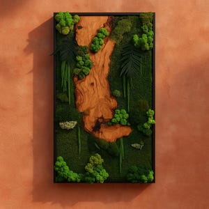 Vertical Preserved Moss Wall Art: Natural Wood Frame, Modern Home Decor