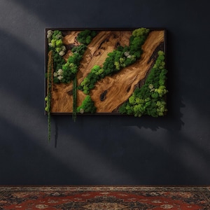Olive Wood & Preserved Moss Wall Art - Rustic Live Edge Frame