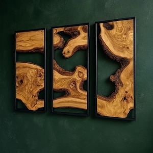 Olive Wood Wall Art Set of 3, Rustic Modern Wooden Wall Panels, Handmade Live Edge Natural Wood Decor for Living Room or Office