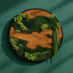 Round Moss & Olive Wood Wall Art: Handmade Modern Nature Decor