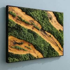 Olive Wood and Moss Wall Art in Black Frame, Biophilic Handmade Decor with Preserved Moss for Eco Interior Design and Natural Wall Style