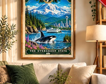 Vintage muurdecoratie uit de staat Washington, Mount Rainier, Orca, Seattle (digitale download)