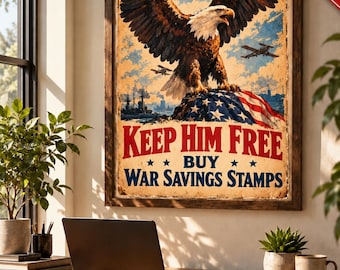 Poster uit 1917 met de tekst "Keep Him Free" (Amerikaanse zeearend) uit de Eerste Wereldoorlog, patriottische Amerikaanse kunstprint (digitale download)