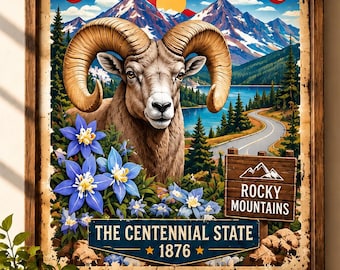 Vintage poster van dikhoornschapen uit Colorado, Rocky Mountains, Centennial State (digitale download)
