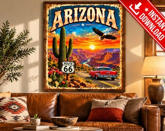 Vintage poster van Route 66 in Arizona, kunstwerk van de Grand Canyon-woestijn (digitale download)