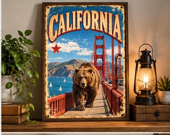 Affiche vintage du pont de l'ours grizzly de Californie, décoration rétro américaine (téléchargement numérique)