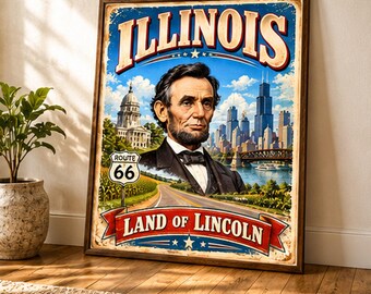 Affiche vintage de la Route 66 de l'Illinois, Abraham Lincoln, panorama de Chicago (Téléchargement numérique)