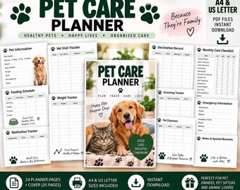 ペットケアプランナー（印刷可能）、犬猫の健康トラッカー、獣医記録、給餌スケジュール（PDF）