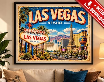 Vintage Las Vegas poster, retro reiskunst uit Nevada, Americana decoratie (digitale download)