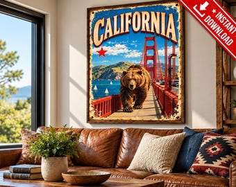 Vintage poster van een grizzlybeer op een brug in Californië, retro Amerikaanse decoratie (digitale download)