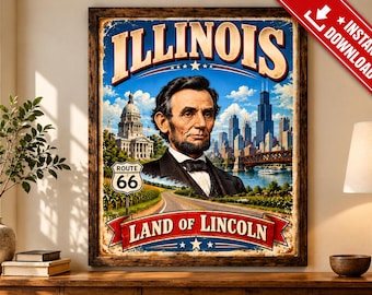 Vintage poster van Illinois Route 66, Abraham Lincoln, skyline van Chicago (digitale download)