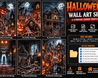 Halloween Horror Muurdecoratie Set, 6 griezelige digitale prints (digitale download)