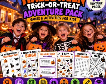 Halloween Trick-or-Treat Avonturenpakket, 18 pagina's met printbare spelletjes voor kinderen (digitale download)