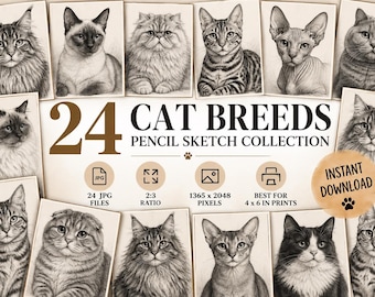 24 Cat Breed Pencil Sketch Prints, Vintage Pet Portraits (Digital Download)
