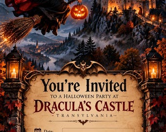 Bewerkbare Halloween-feestuitnodiging met kasteel van Dracula, heks en pompoen (digitale download)