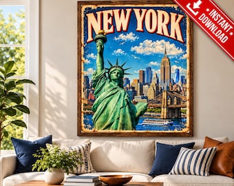Vintage muurdecoratie van New York City, Vrijheidsbeeld, Skyline poster (digitale download)