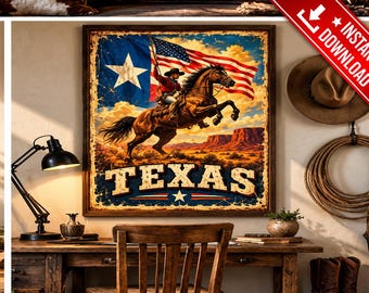 Vintage Texas Cowboy Muurdecoratie, Amerikaanse Vlag Western Poster (Digitale Download)