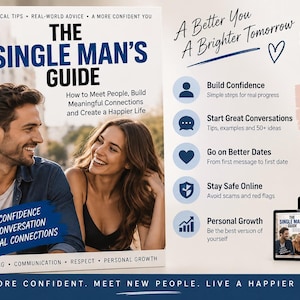 Op de afbeelding: Een digitale gids getiteld The Single Man's Guide met een cover waarop een glimlachend koppel staat. Het document bevat 14 pagina's met tips voor het opbouwen van zelfvertrouwen, het starten van gesprekken, daten en persoonlijke groei.