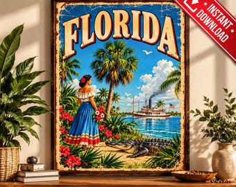 Vintage Florida Alligator Palm Tree Poster, Retro Americana Tropische Kunst (Digitale Download)
