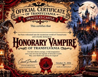 Officieel vampiercertificaat, kasteel van Dracula in Transsylvanië, printbaar Halloween-cadeau, direct te downloaden